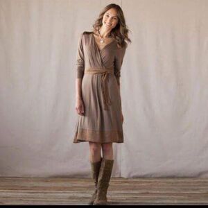 Sundance Brown Faux Wrap Long Sleeve Dress Satin Trim Size Extra Small